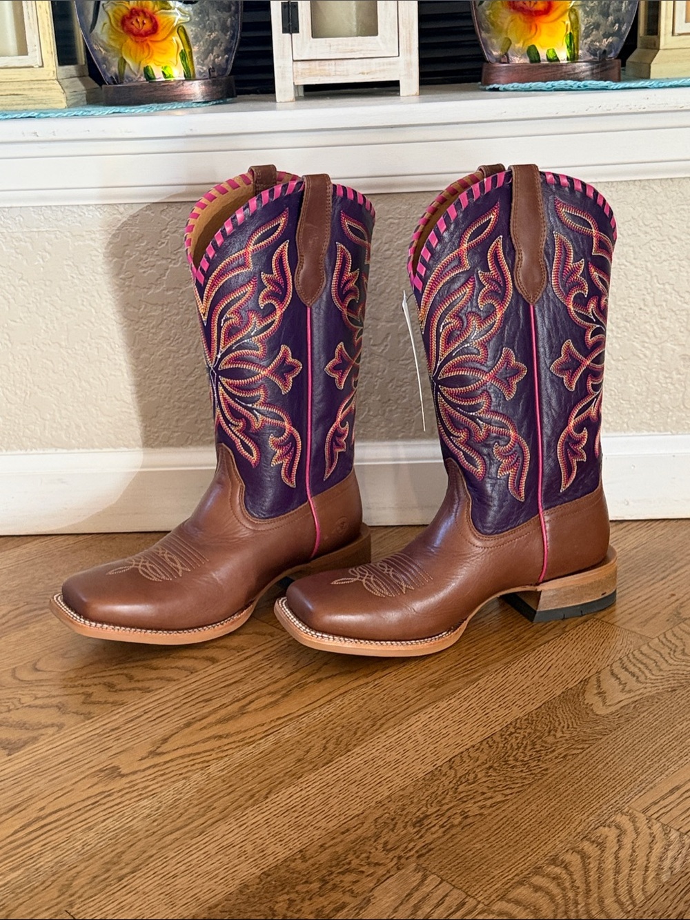 Ariat Brown Foot with Purple Shaft and Pink Accents Women's Western Boots